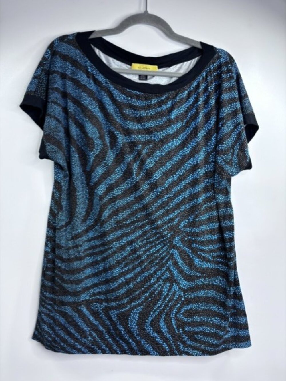 St. John Knit Short Sleeve Top Abstract Zebra Print Blue/Black Size M